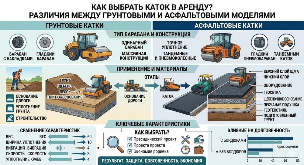 Как выбрать каток в аренду? Различия между грунтовыми и асфальтовыми моделями.
